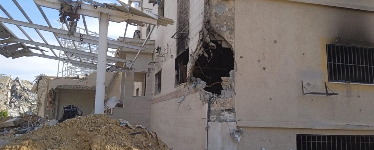 A photo of the exterior of the Edward Said National Conservatory of Music, Gaza Branch, after it was hit by an Israeli tank shell (Source: director of the Edward Said Conservatory, Gaza Branch, Manal Awad. (https://www.palestine-studies.org/en/node/1657311#)